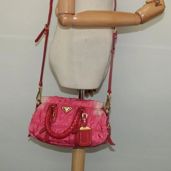 PRADA Gathered Hand Bag Nylon 2way Pink Gold Auth - Picture 1 of 15